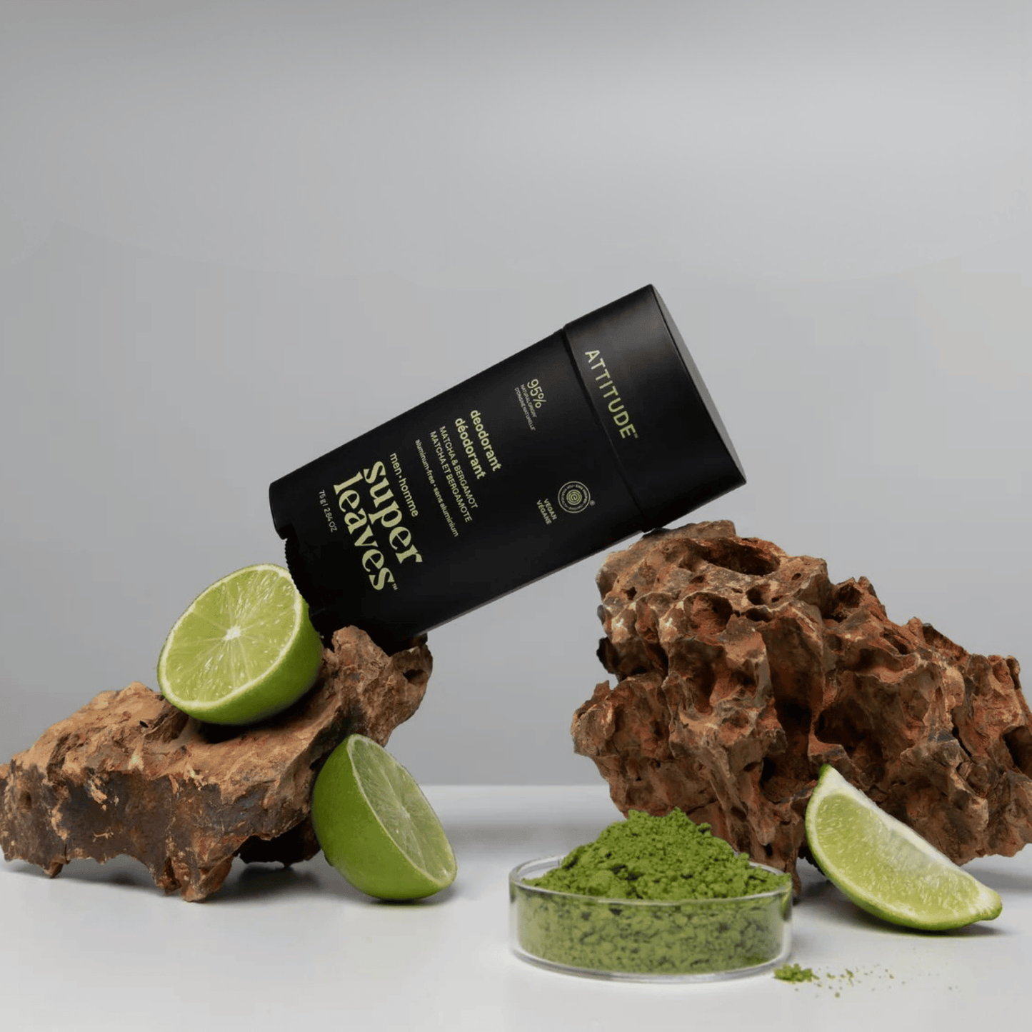 Alternate image of deodorant next to limes and matcha powder