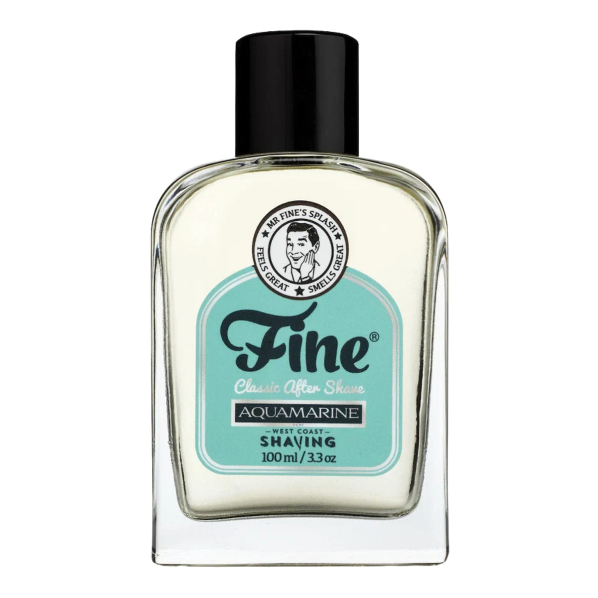 Front view of Fine Accoutrements Aquamarine Classic After Shave showcasing its turquoise label and black cap on a white background