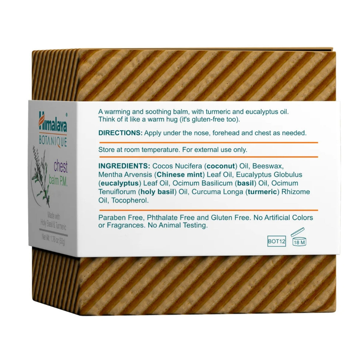 Back and side view of Himalaya Chest Balm P.M. with holy basil and turmeric, showcasing ingredients and directions