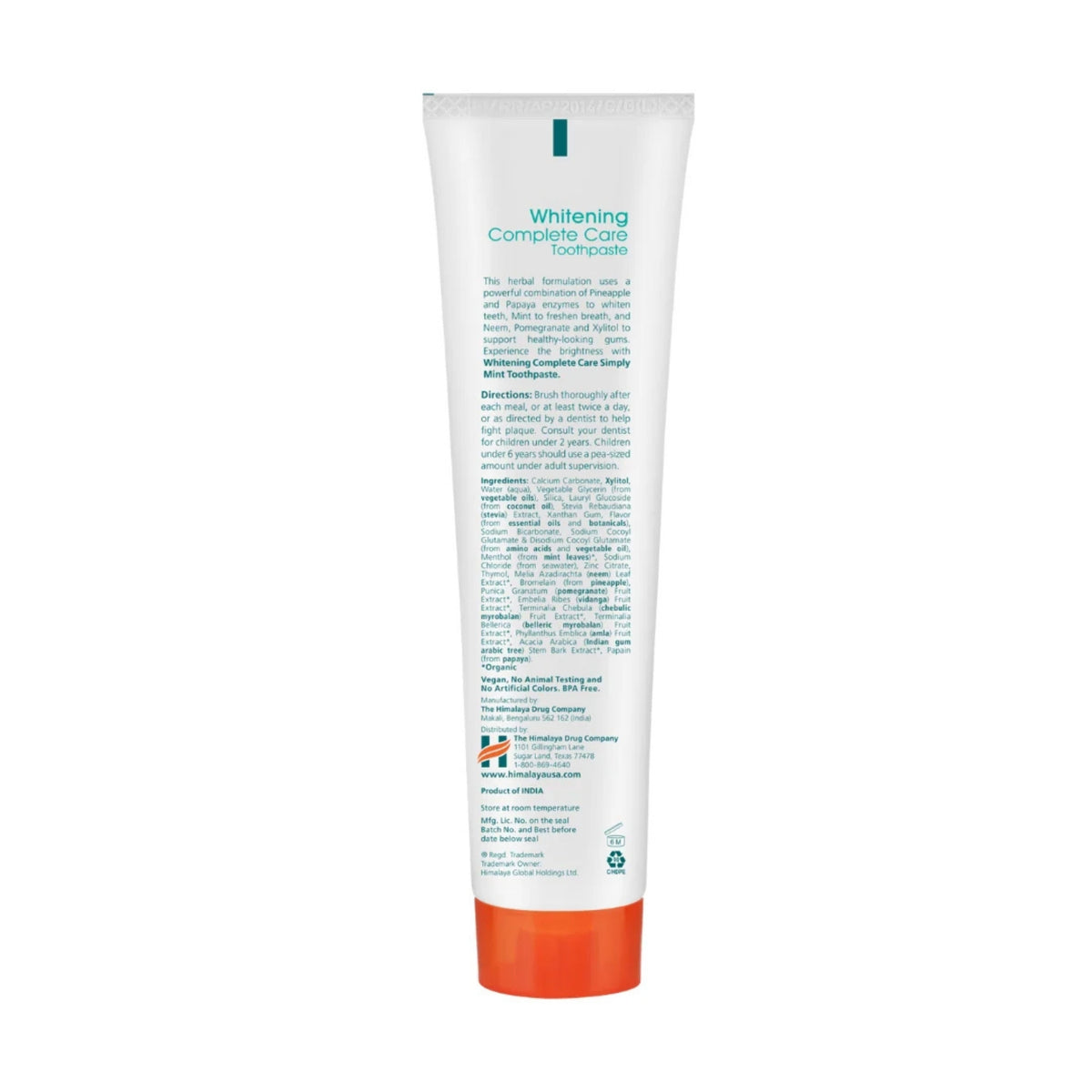 Back view of Himalaya Complete Care Simply Mint Toothpaste showing its label and orange cap on white