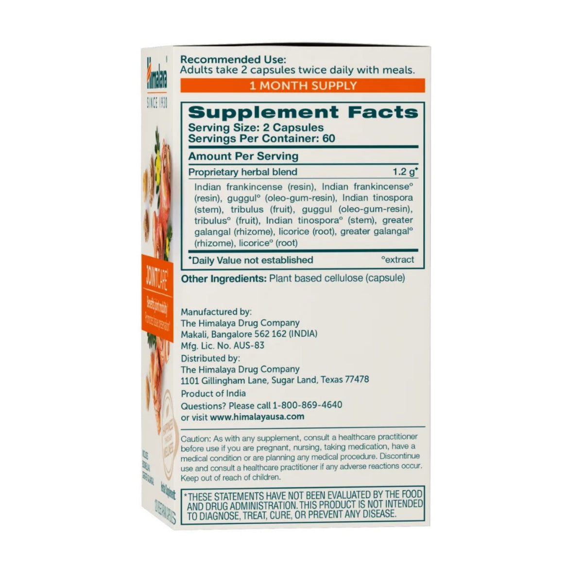 Rear view of Himalaya JointCare 120-count supplement package showing Supplement Facts and recommended use