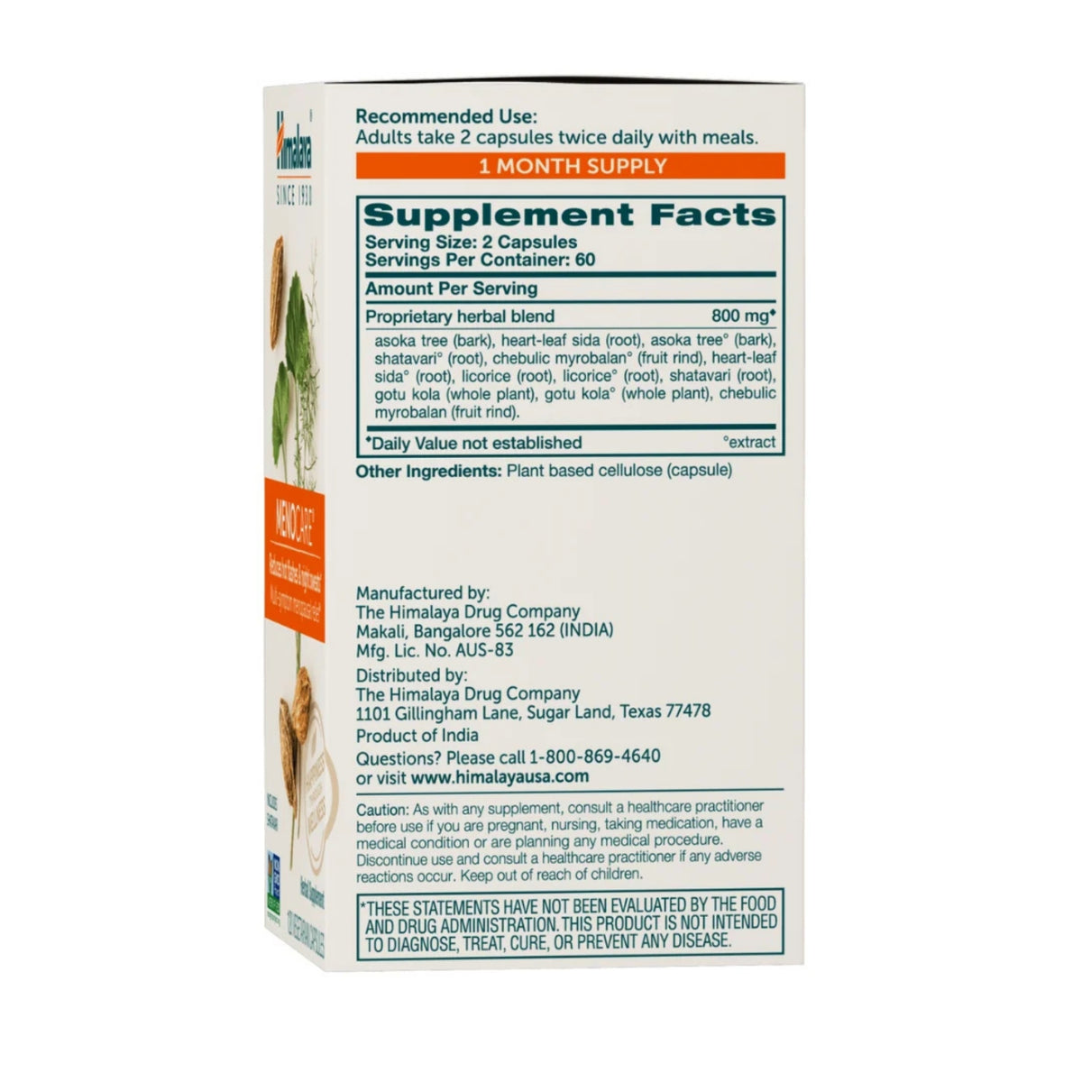 Back view of Himalaya MenoCare showcasing the Supplement Facts panel with a white background