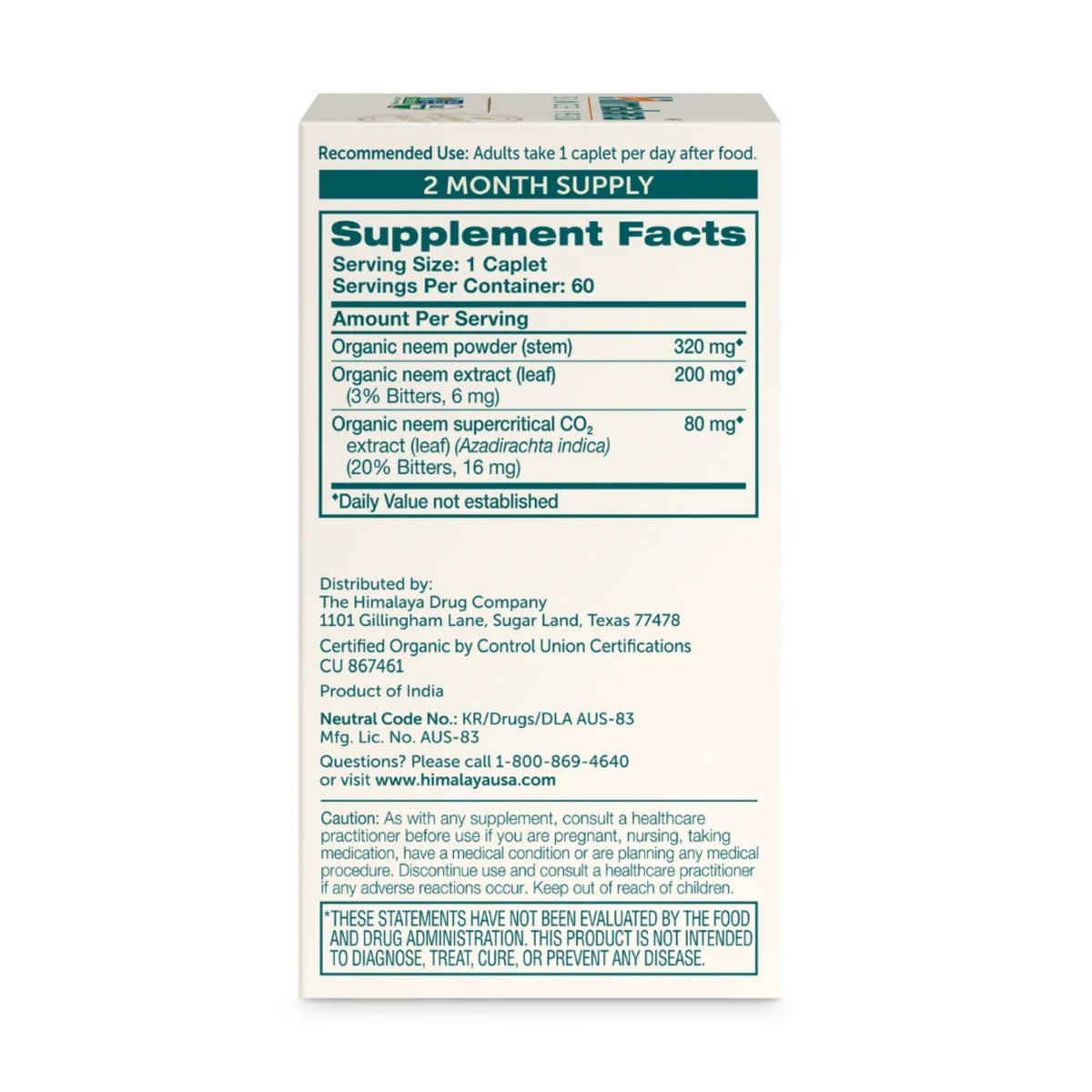 Back view of Himalaya Organic Neem 60 count package with supplement facts label on white background