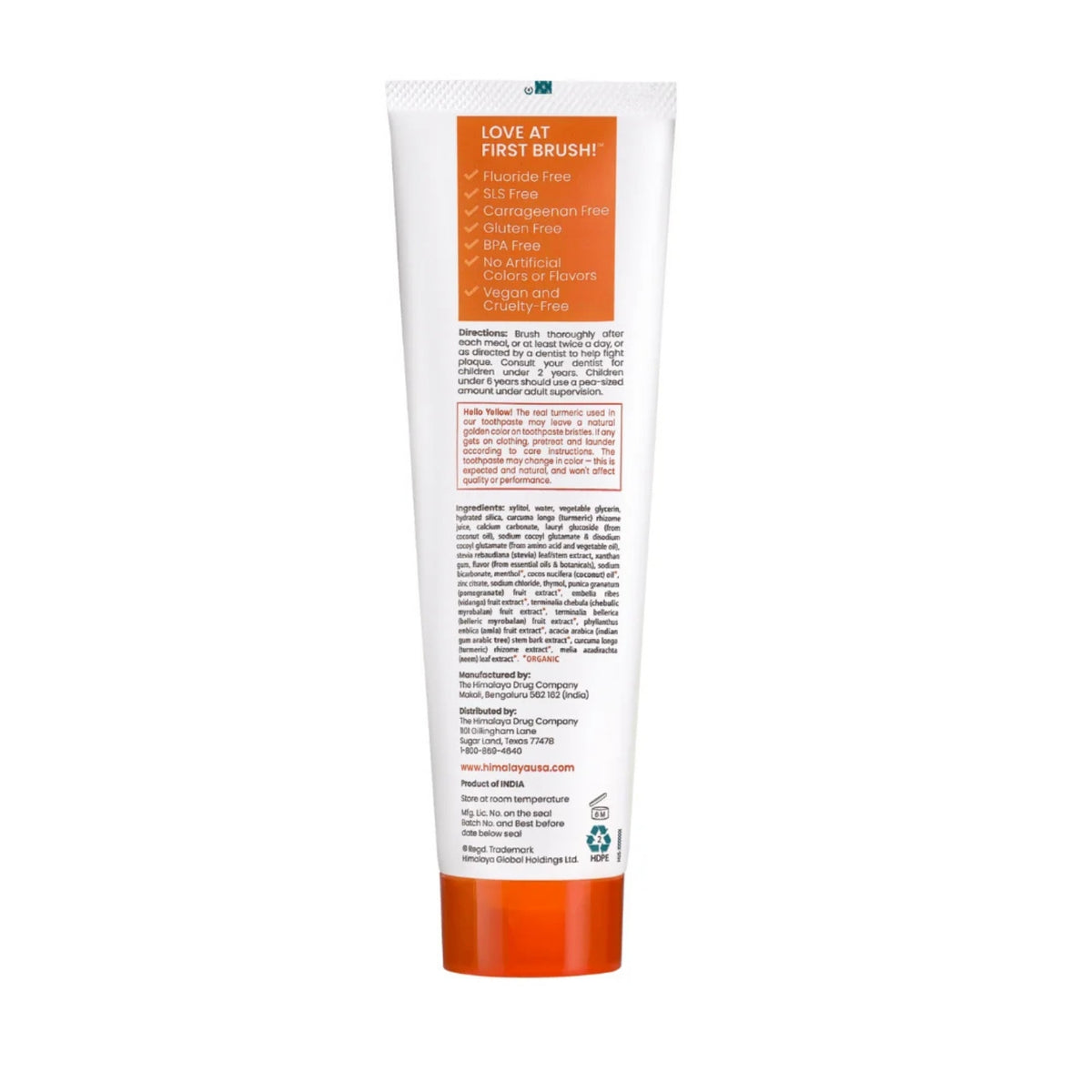 Back view of Himalaya Turmeric + Coconut Oil Toothpaste tube with orange cap on a white background