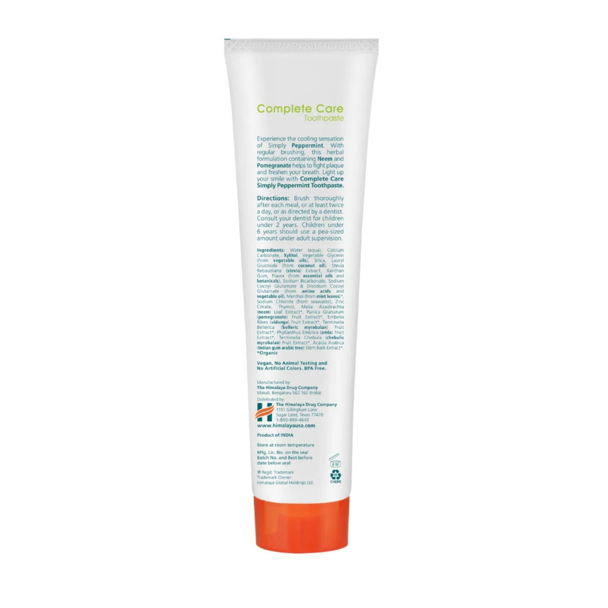 Back view of Himalaya Whitening Complete Care Simply Peppermint Toothpaste tube showing product information with an orange cap
