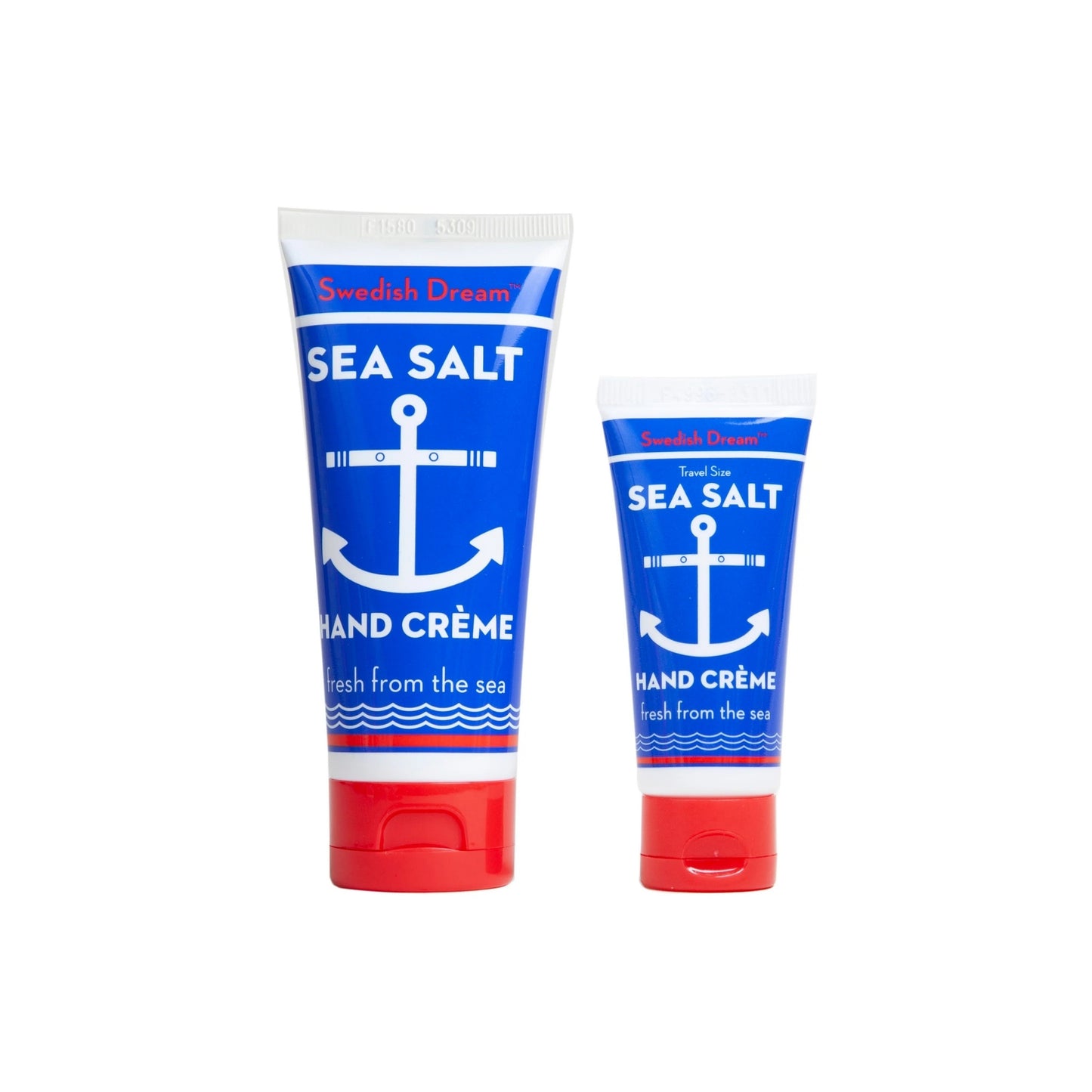 Front view of Sea Salt Hand Creme travel size tube beside a larger matching tube on white background