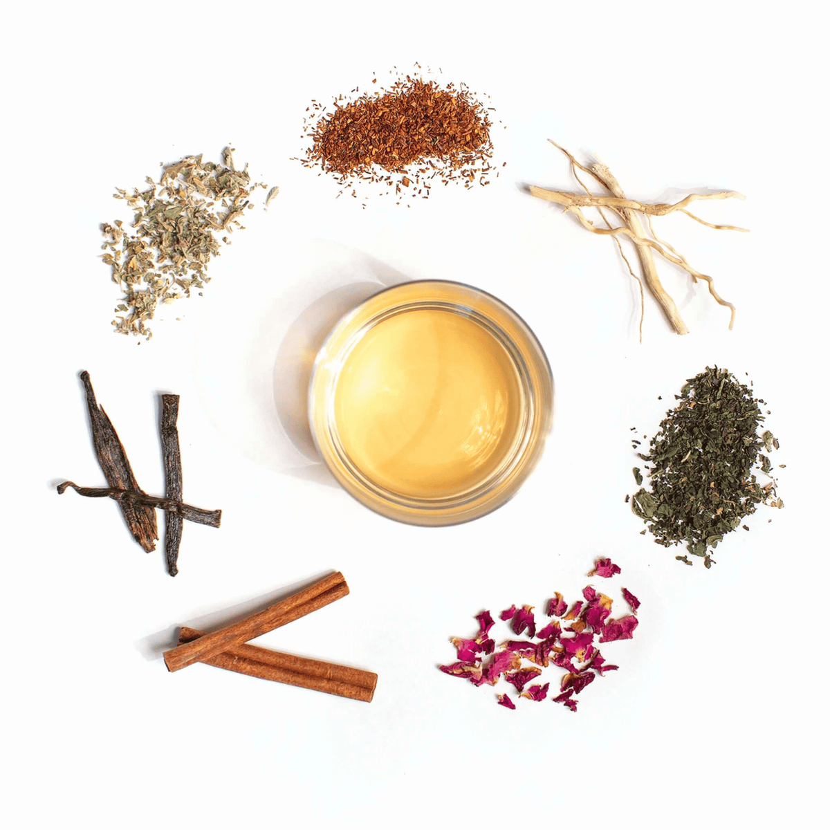 Alternate image of cup of tea surrounded by leaves and flowers from the tea
