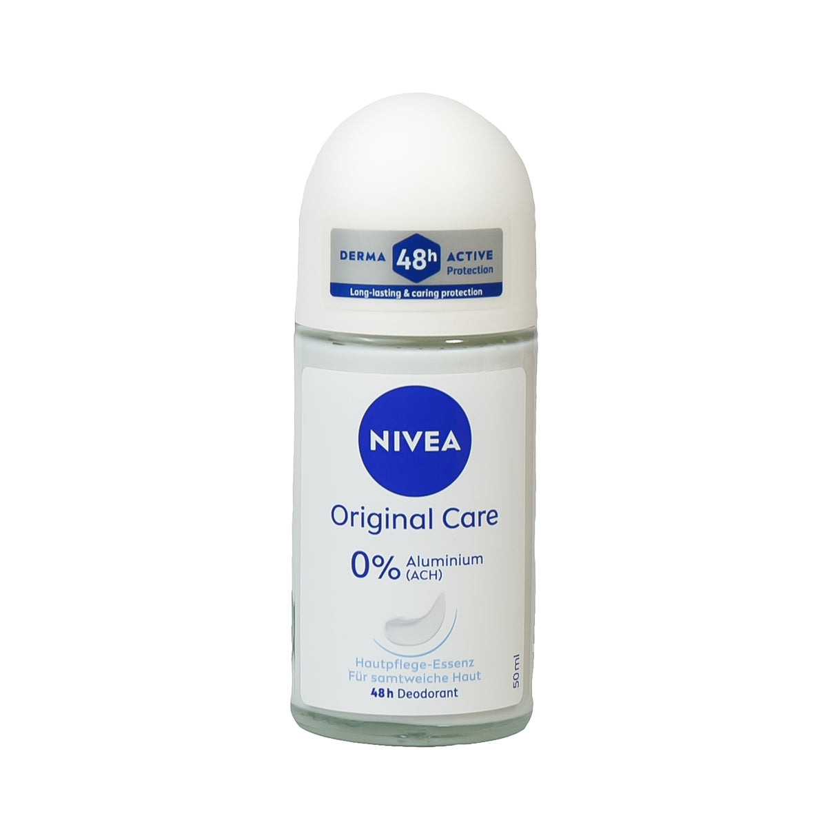 Front view of Nivea Original Care roll-on deodorant showcasing its 0 percent aluminum label against a white background