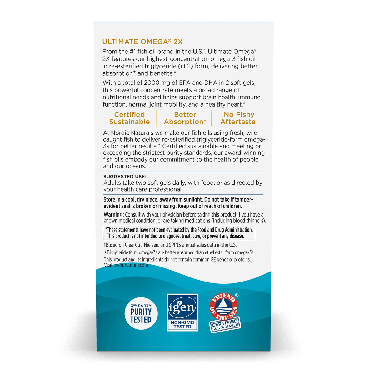 Back view of Nordic Naturals Ultimate Omega 2X box showing 2000 mg EPA and DHA plus purity and sustainability certifications