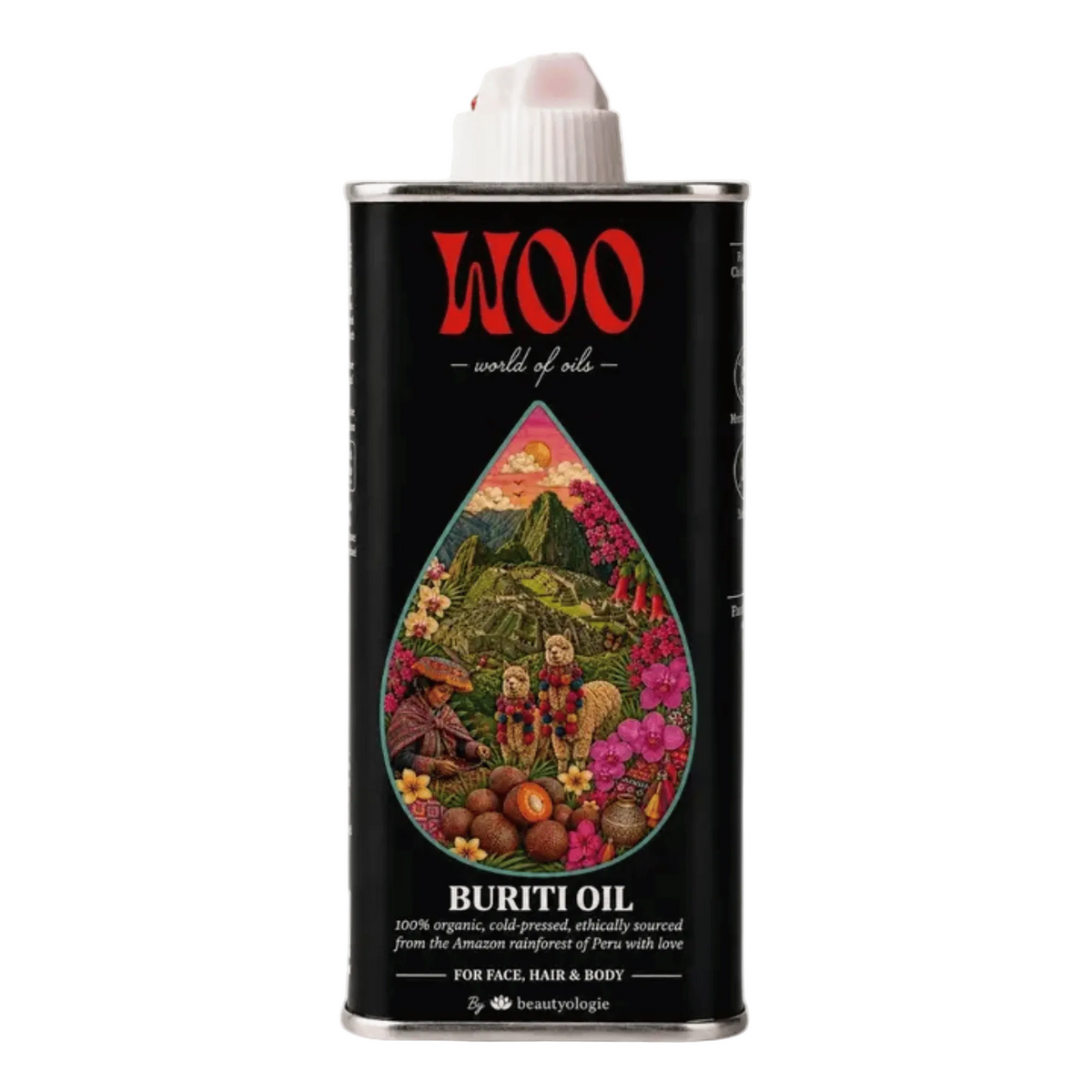 Front view of WOO World of Oils 100% Organic Buriti Oil can showcasing colorful botanical artwork on a white background
