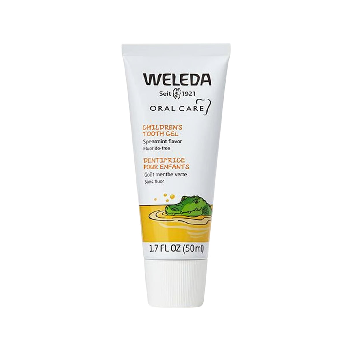 Front view of Weleda Children’s Tooth Gel tube with fluoride free spearmint flavor, marked 1.7 fl oz 50 ml, crocodile art