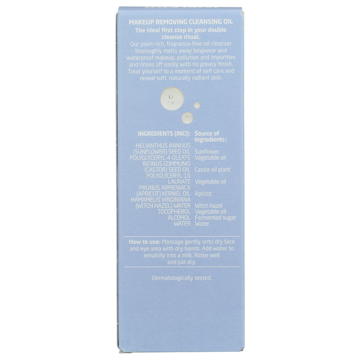 Rear view of Weleda Makeup Removing Cleansing Oil package showing ingredients and usage instructions on a blue panel