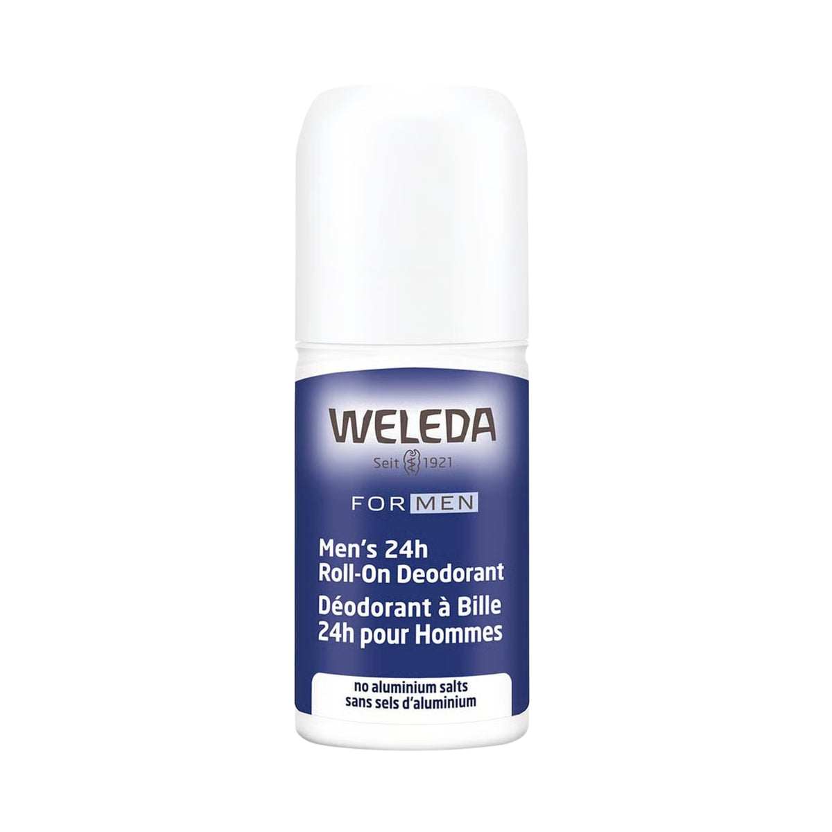 Front view of Weleda Roll-On Men 24h Deodorant showcasing its white bottle and blue label on a white background