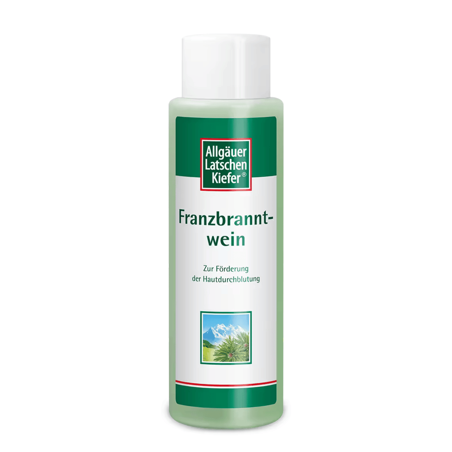 Primary Image of Franzbranntwein (Dwarf Pine Body Rub) 250 ml, round bottle with green liquid and German writing