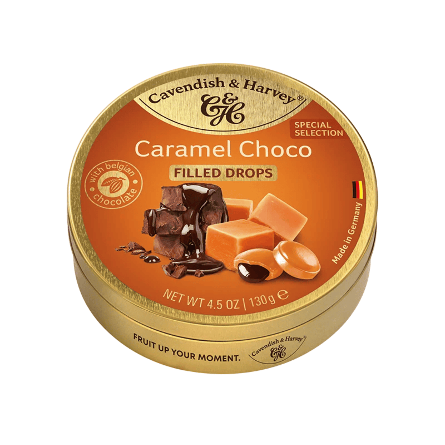 Primary Image of Caramel & Belgian Chocolate Candy Drops Tin, gold candy tin