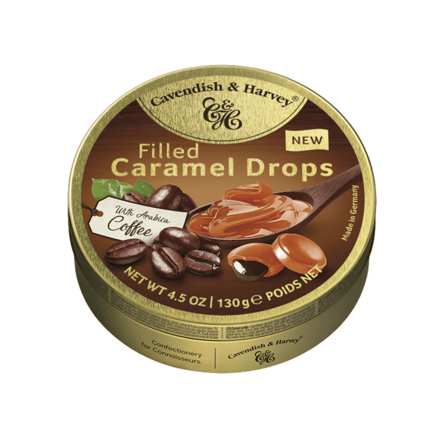 Primary Image of Caramel & Belgian Chocolate Filled Drops Tin, gold candy tin