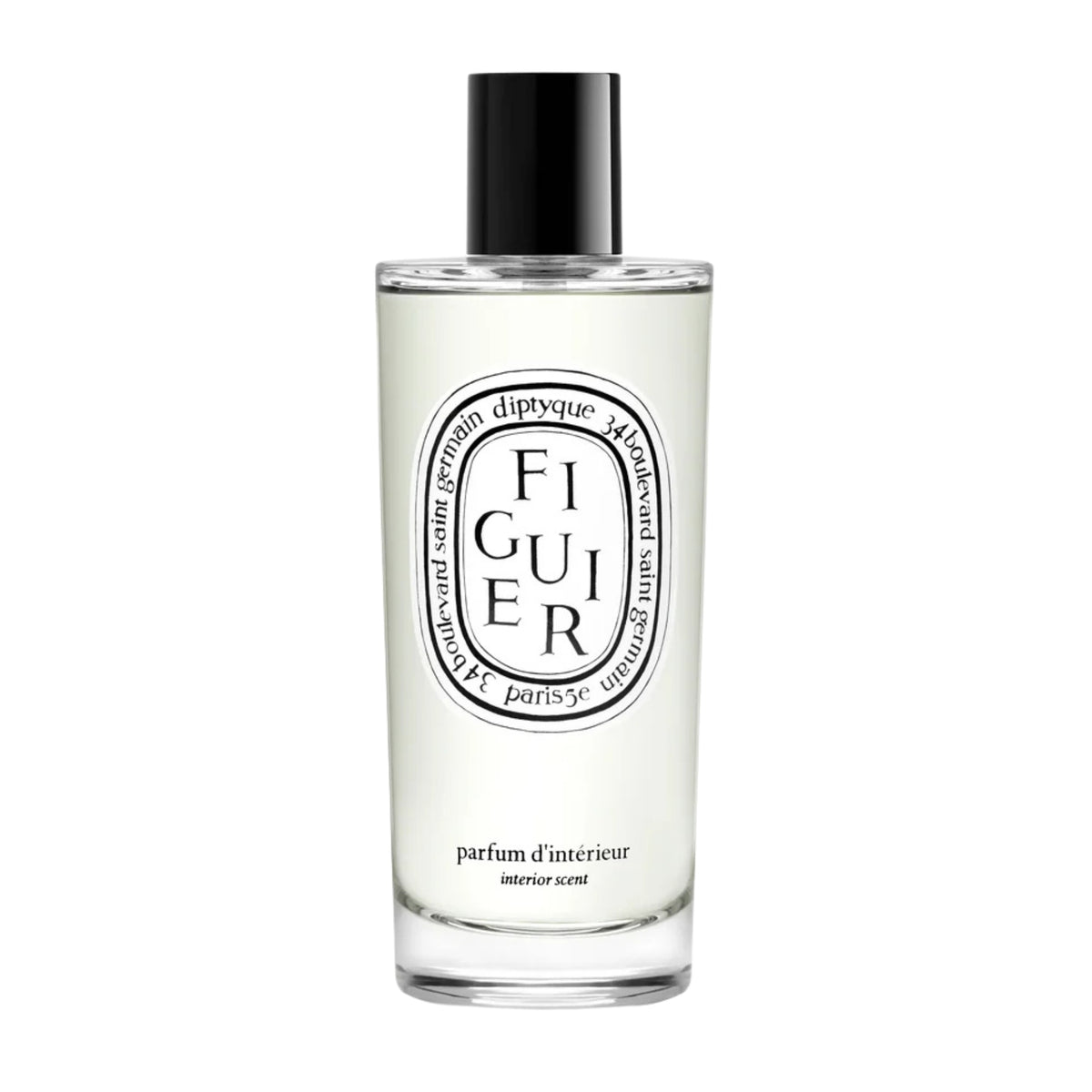 Front view of diptyque Paris Figuier Fig Tree room spray showcasing a clear glass bottle, pale liquid, and black cap on white