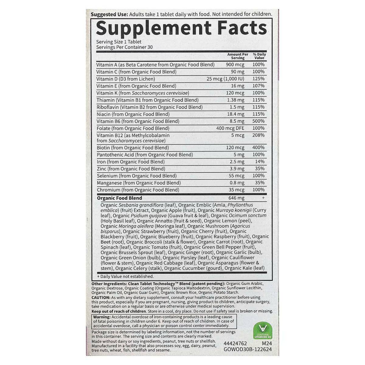 Alternate Image of Organics Women's Once Daily Multivitamin, supplement facts
