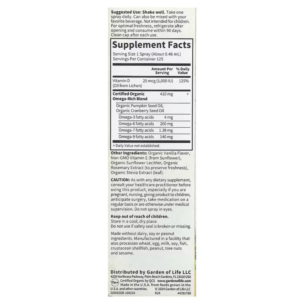 Alternate Image of Organics Vegan D3 Vanilla Spray, supplement facts