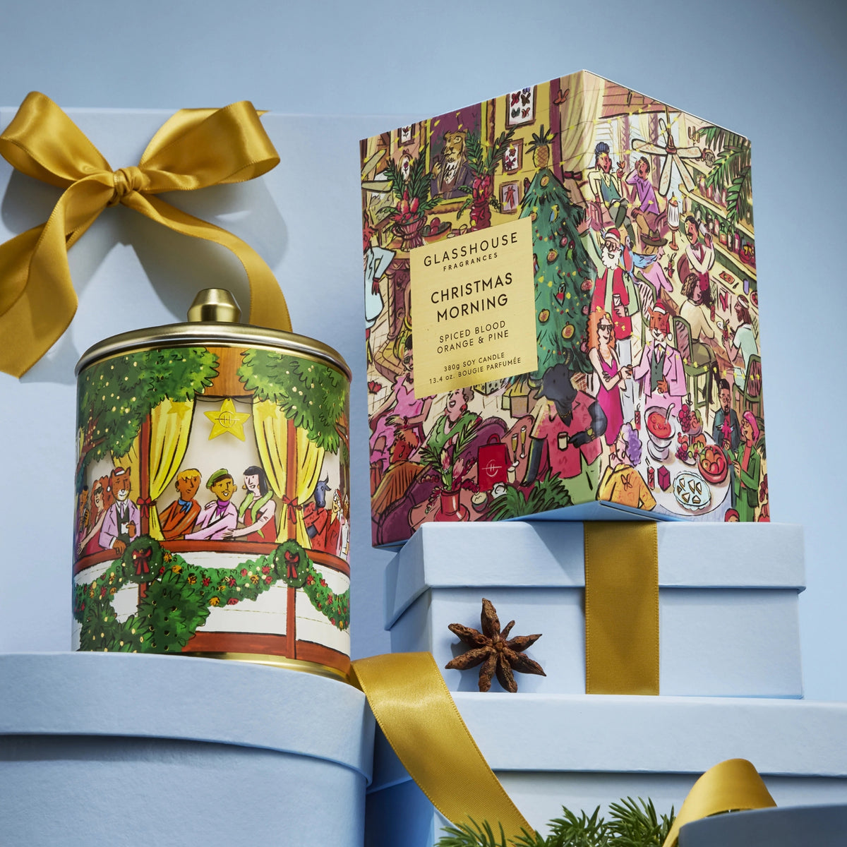 Alternate Image of Holiday Christmas Morning Candle, illustrated candle vessel and box