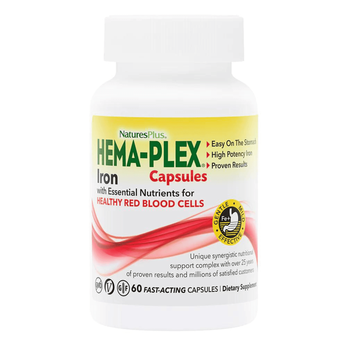 Front view of Hema-Plex iron capsules bottle showcasing a healthy red blood cells label on a white background
