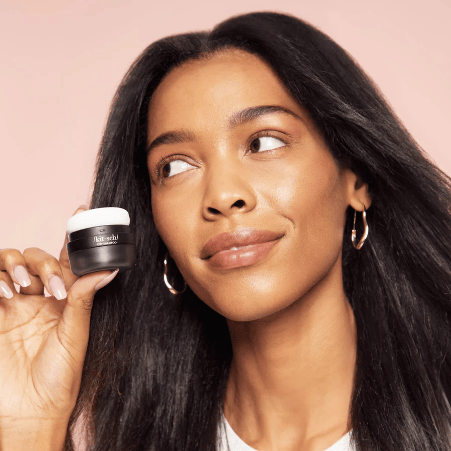 Alternate Image of Dark Tinted Volumizing Dry Shampoo Puff, small black dry shampoo container with puff