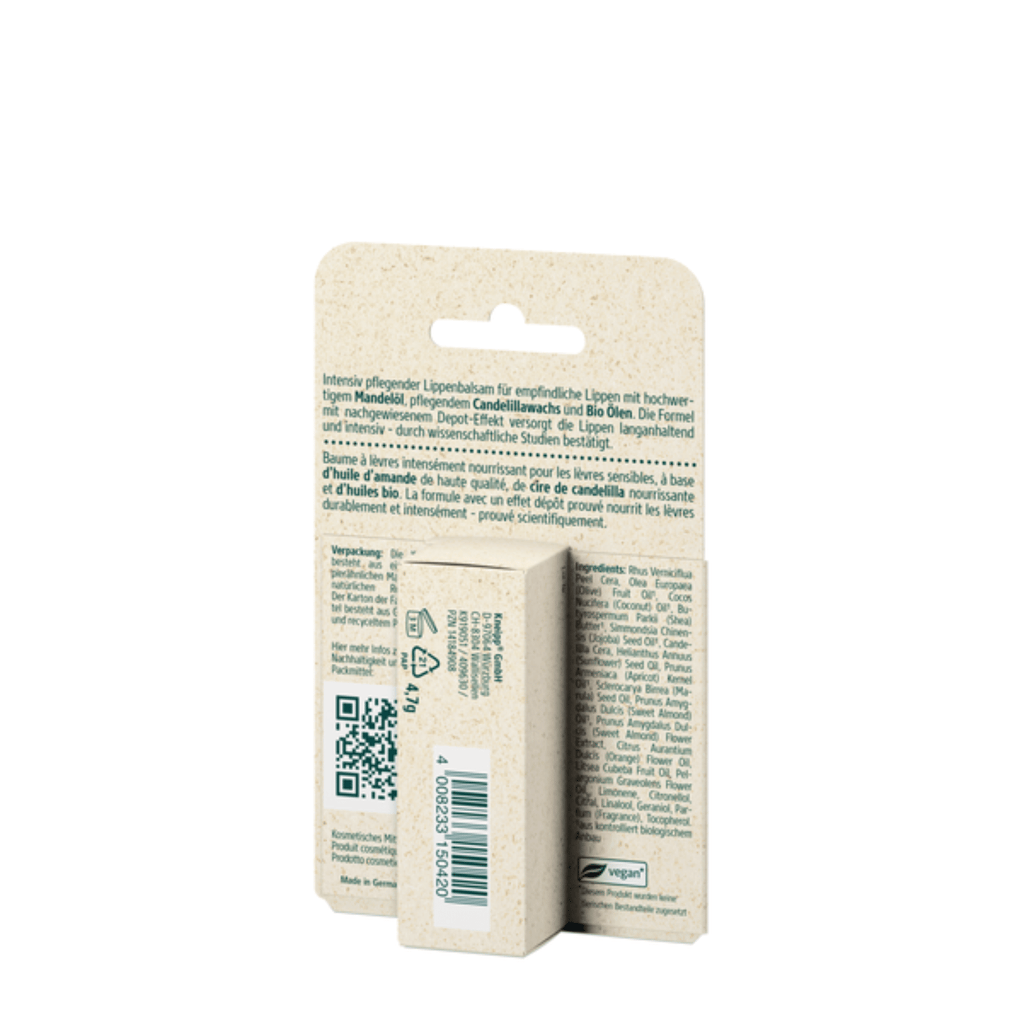 Atlernate Image of Almond Care Lip Balm, beige lip balm tube and package