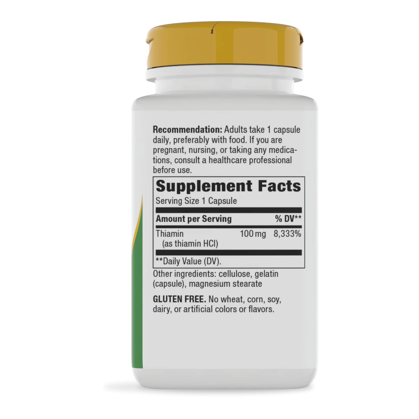 Alternate Image of Vitamin B1 High Potency Thiamin HCl, green and white supplement bottle with yellow cap