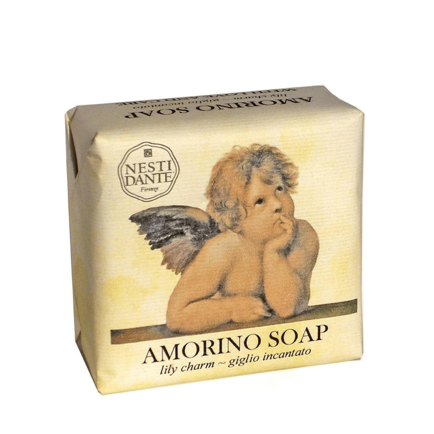 Primary Image of Amorino Lily Charm Bar Soap, yellow wrapped bar soap with angel