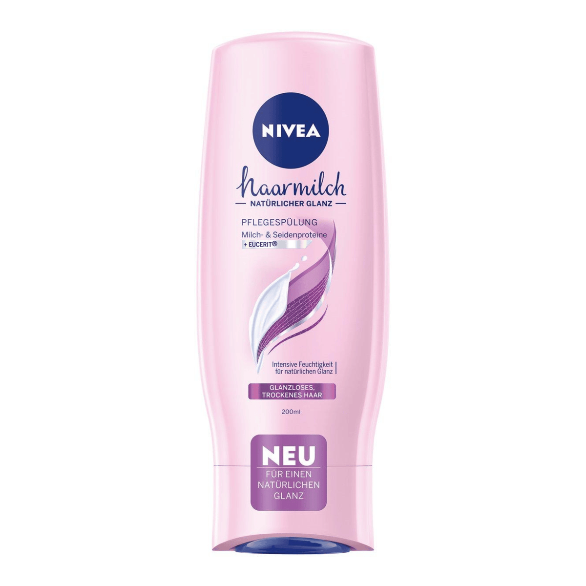 Front view of Nivea Hairmilk Shine Conditioner showcasing a pink 200 ml bottle with a white background