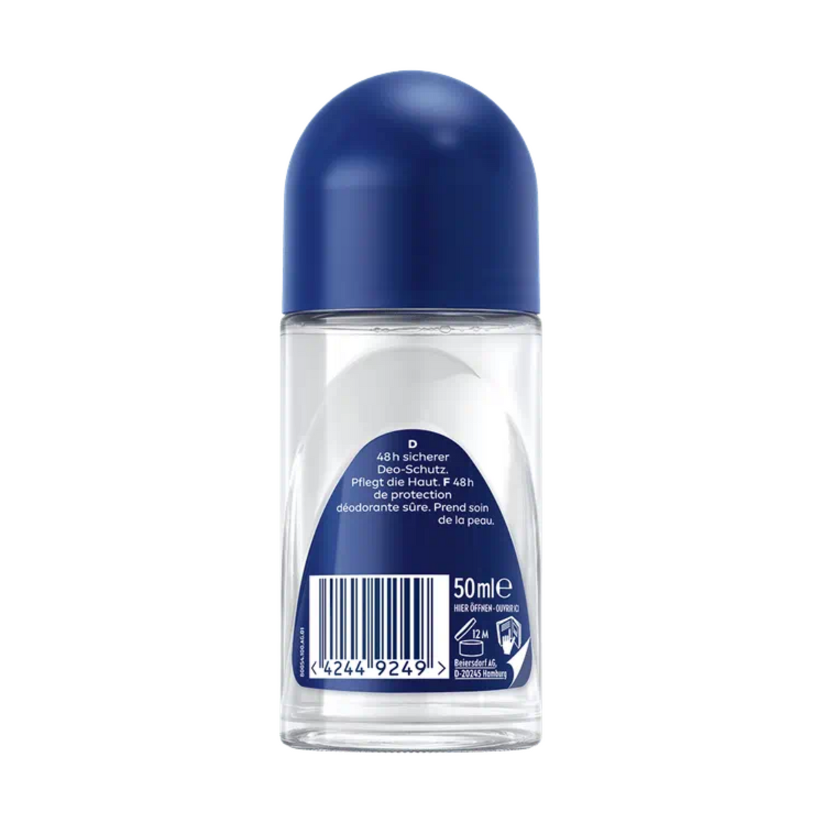 Front view of Nivea Men’s Roll-On Fresh Ocean Deodorant showcasing its 50 ml bottle and blue cap on a white background