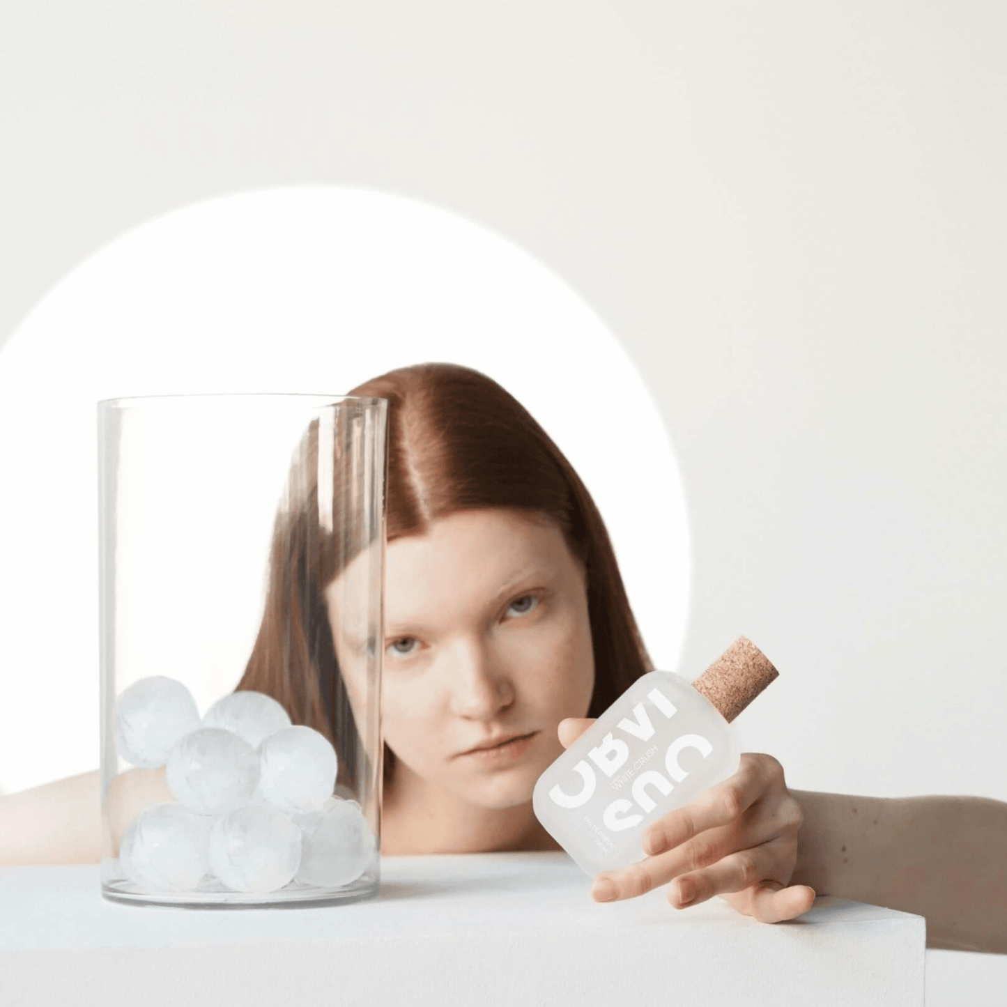 Atlernate Image of White Crush Kakigori EDP, frosted perfume bottle with cork cap and model