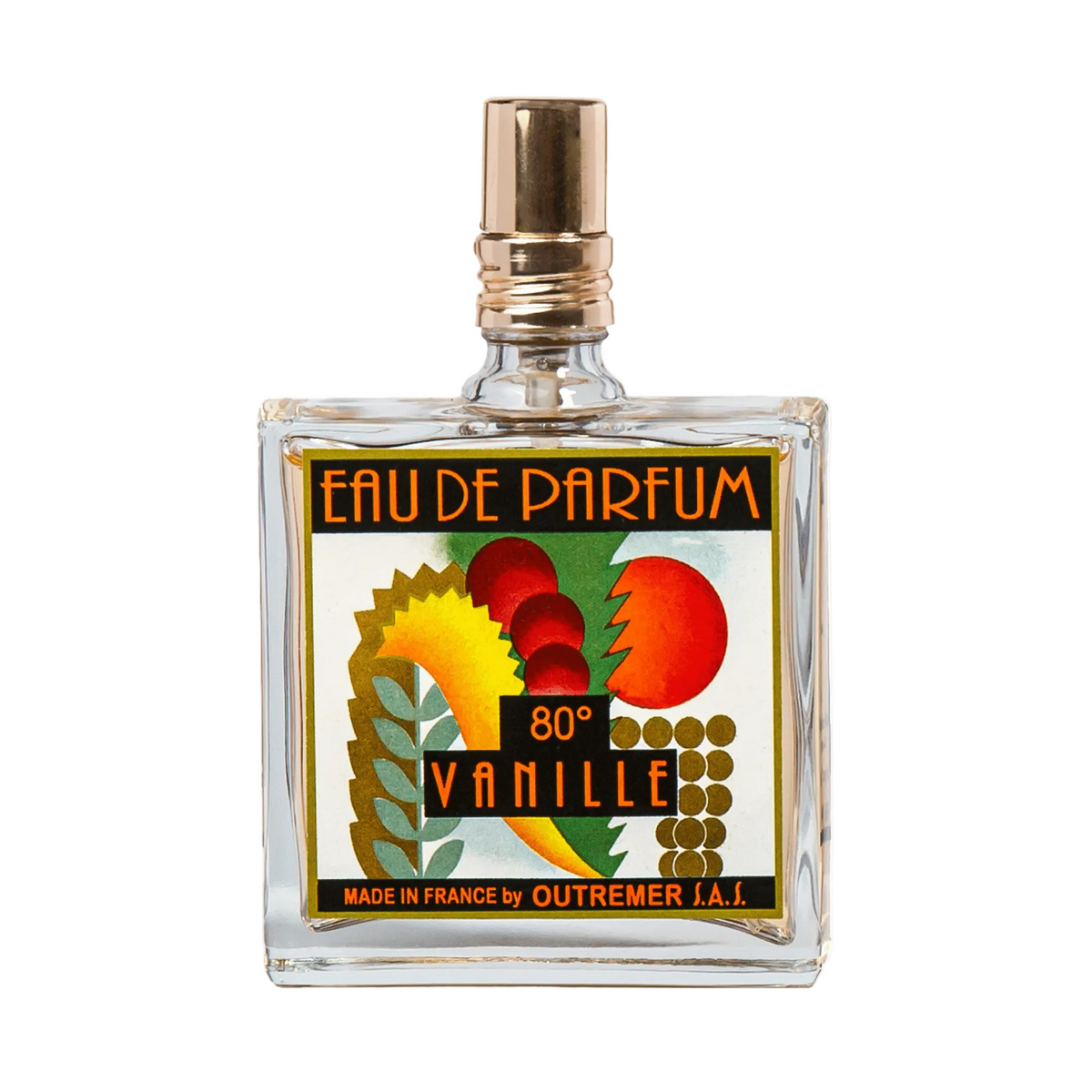 Front view of Outremer Vanille 80 Degrees Eau de Parfum showcasing its square art deco bottle and illustrated label on white background