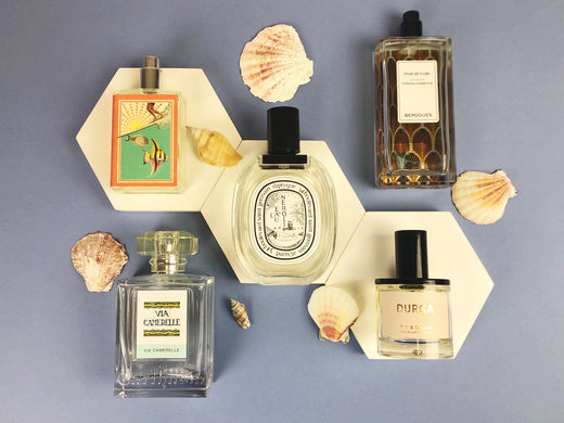 Overhead view of five fragrance bottles showcasing varied designs with seashells on geometric trays