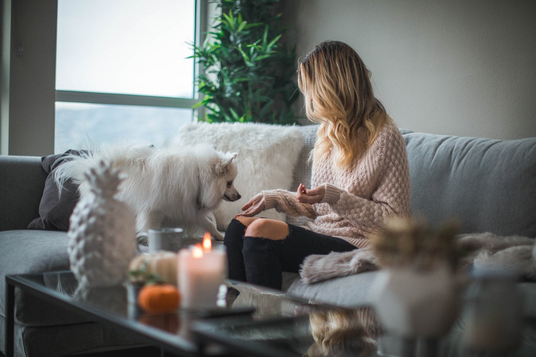 Woman sitting with a dog beside lit candles in a cozy living room