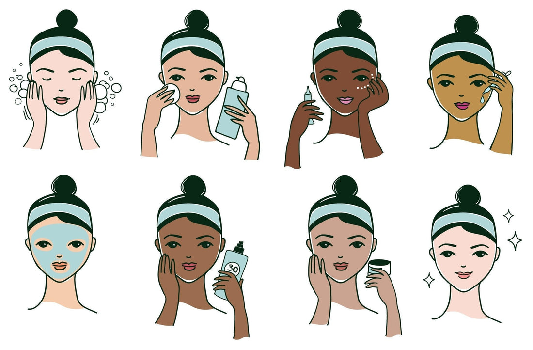 Illustrations of women practicing skincare through cleansing, masking, moisturizing, and applying treatment products