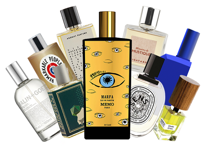 Nine unisex fragrance bottles arranged in a collage on a white background