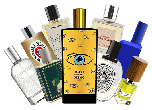 Nine unisex fragrance bottles arranged in a collage on a white background