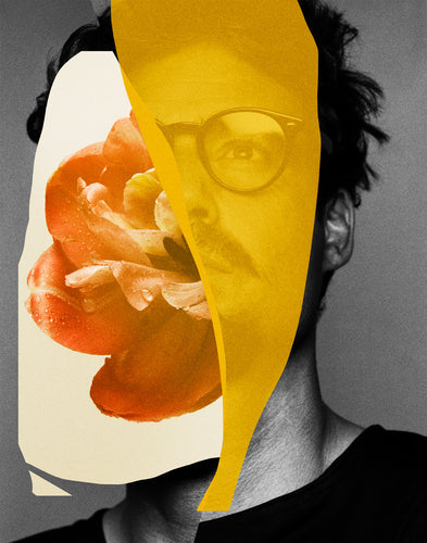 Portrait of Jan Vilhelm behind a yellow abstract shape with an orange flower overlay