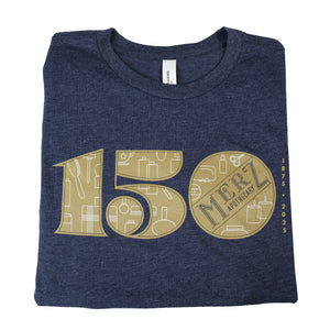 Front view of Merz 150th Anniversary men’s T-shirt showcasing a gold 150 graphic on navy fabric