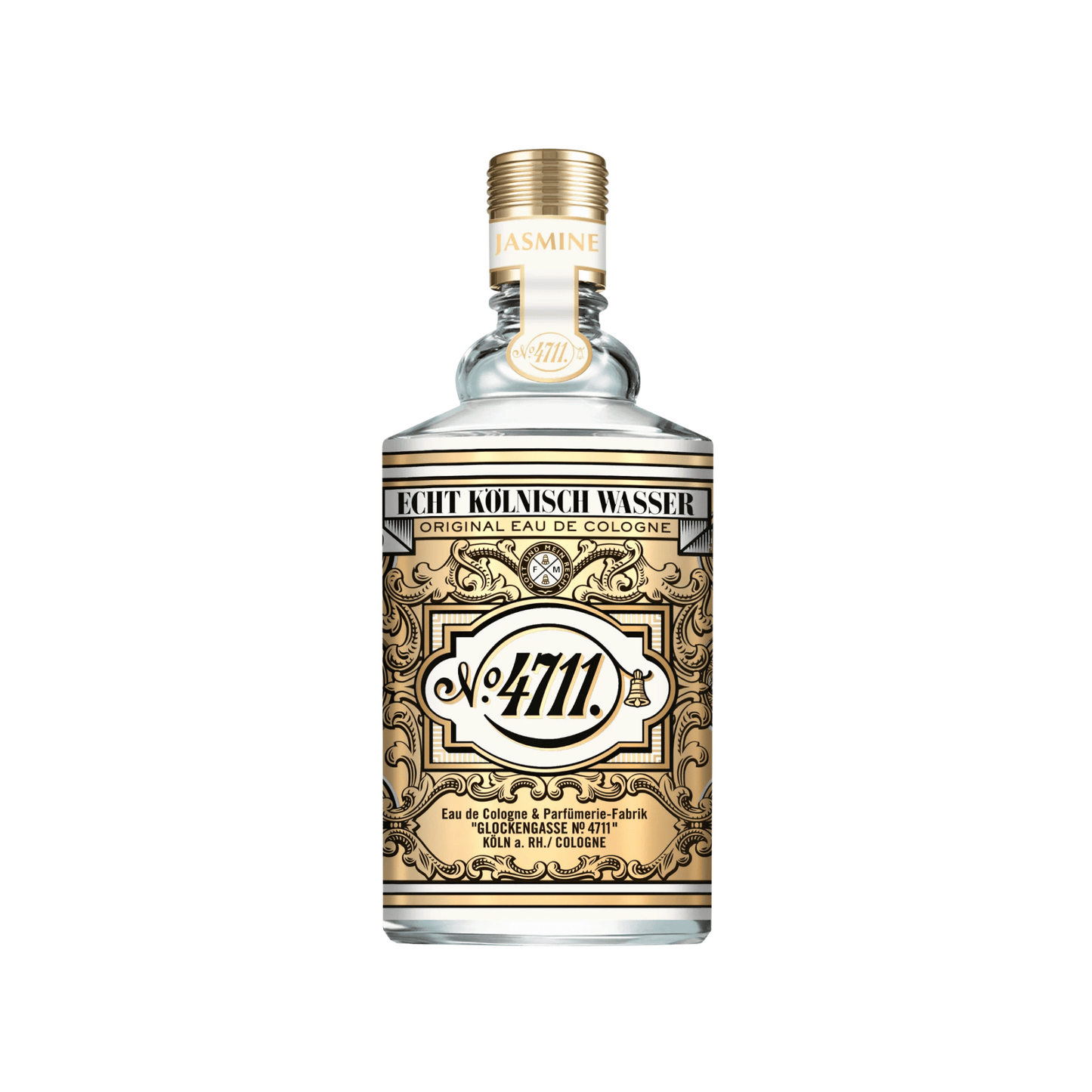 Front view of Jasmine Eau De Cologne showcasing its ornate 4711 label and clear glass bottle on a white background