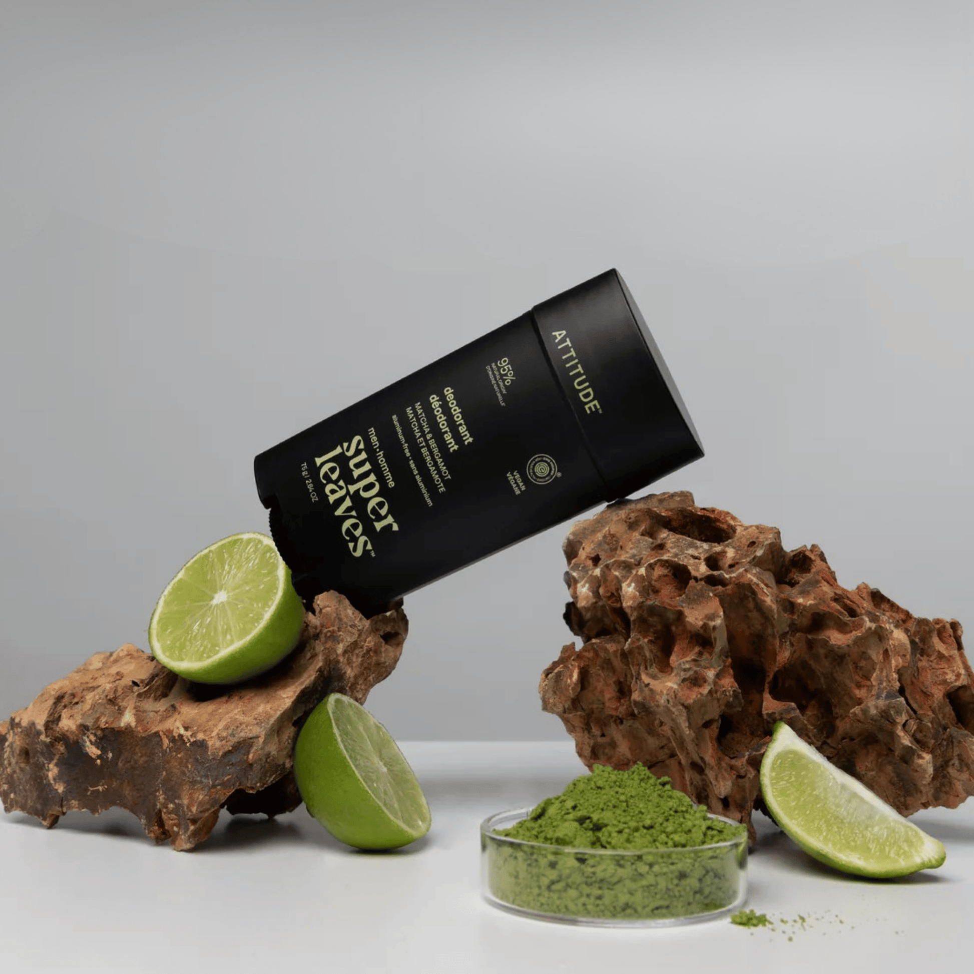 Alternate image of deodorant next to limes and matcha powder