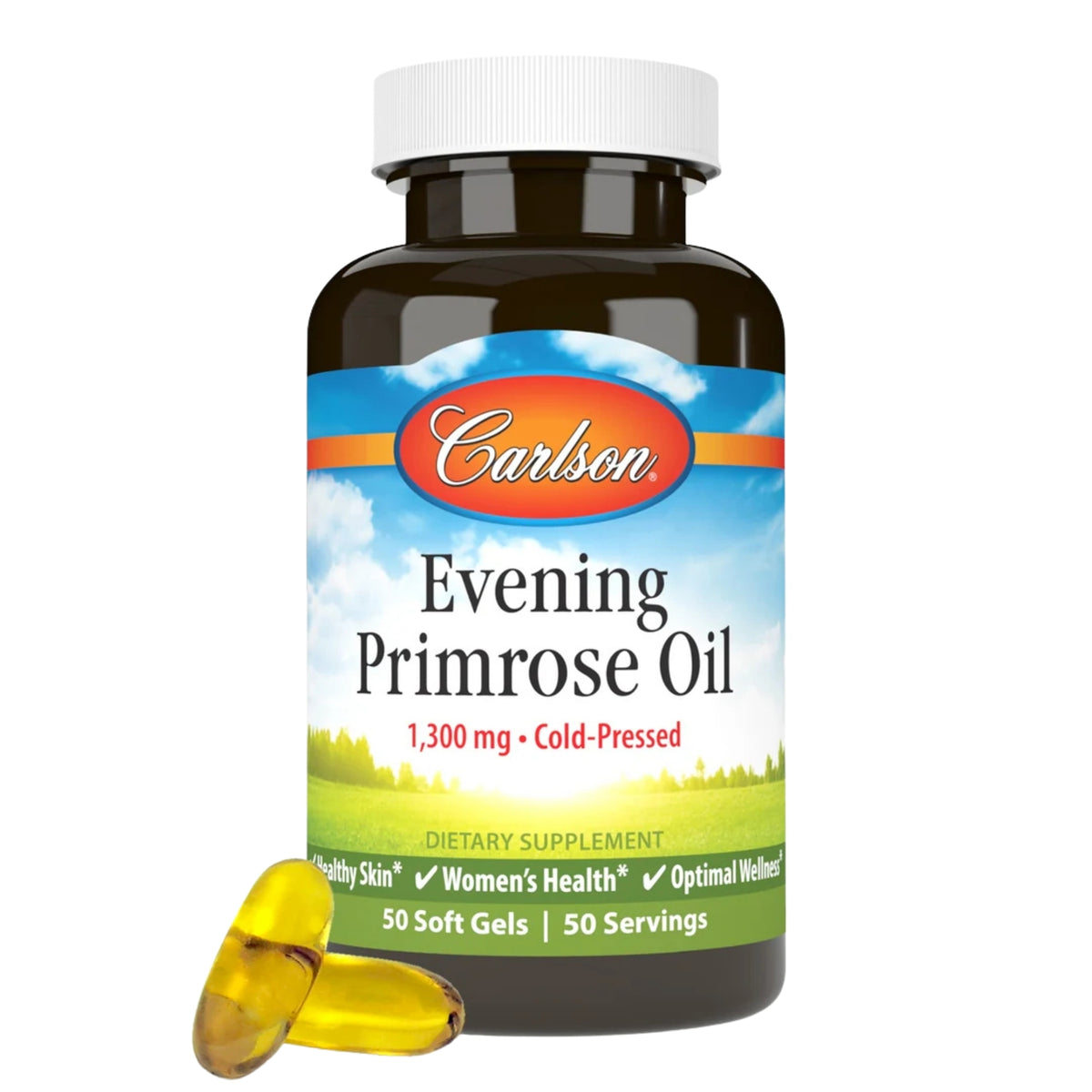 Front view of Carlson Evening Primrose Oil 50 count bottle showcasing 1,300 mg softgels on a white background