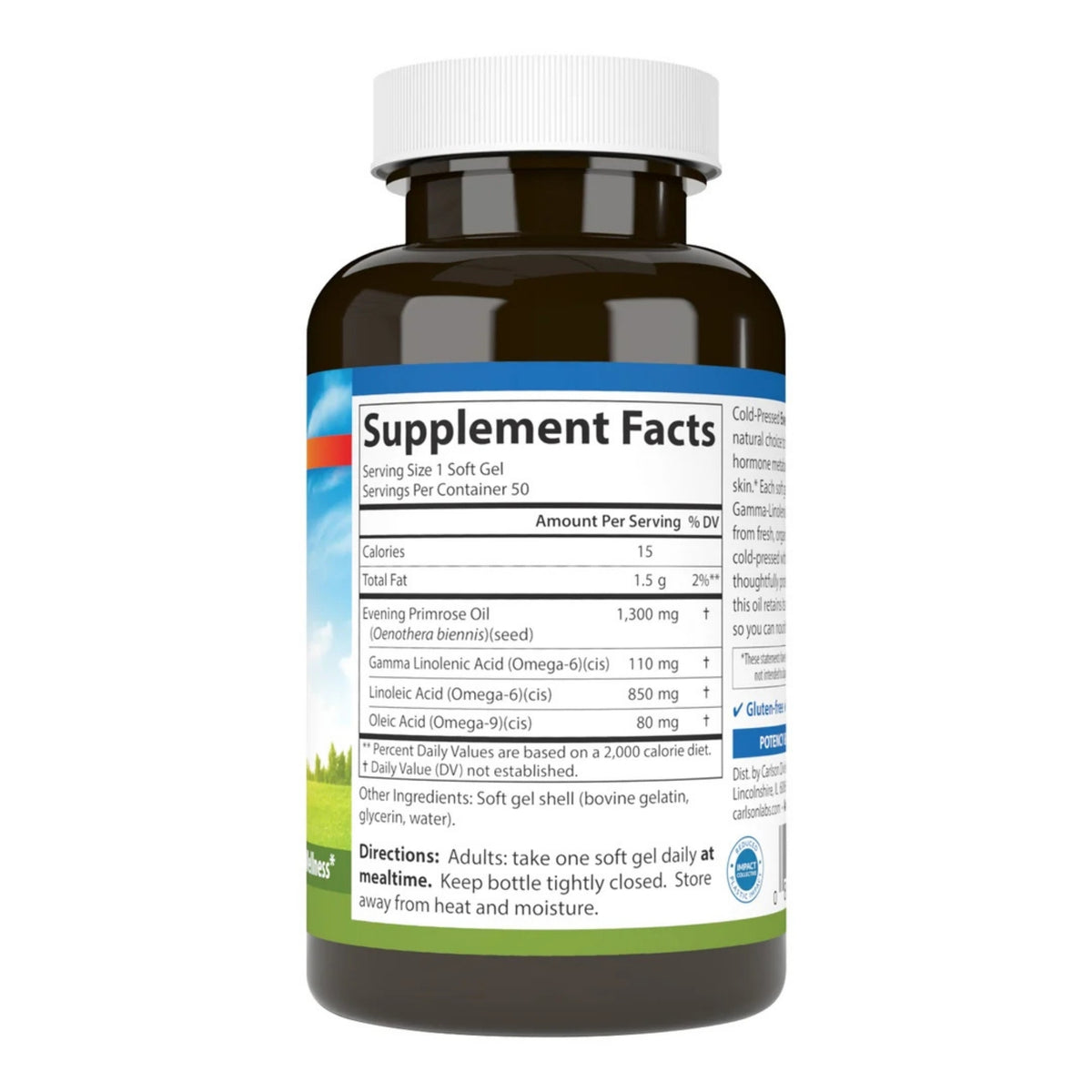 Rear view of Carlson Evening Primrose Oil 50-count bottle showing Supplement Facts label on a white background