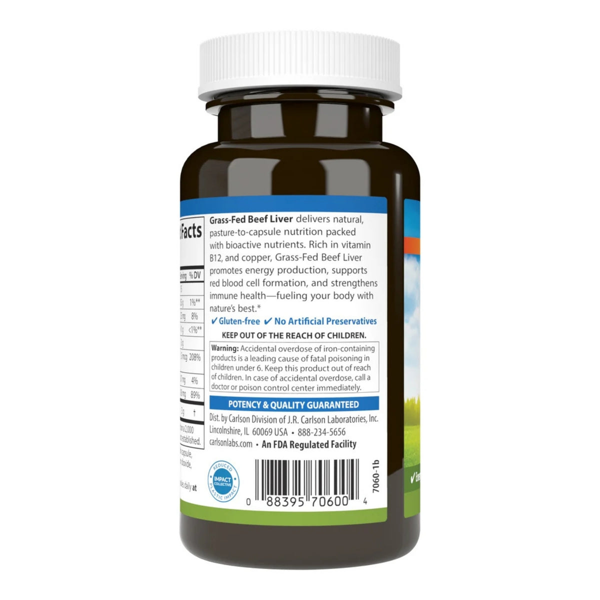 Back view of Carlson Grass Fed Beef Liver, 60 count, showing the supplement facts label on a white background