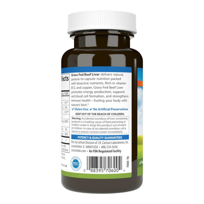Back view of Carlson Grass Fed Beef Liver, 60 count, showing the supplement facts label on a white background