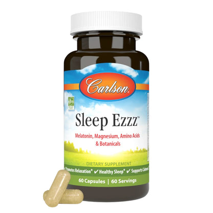 Front view of Carlson Sleep Ezzz dietary supplement bottle showcasing 60 capsules and two loose capsules on a white background