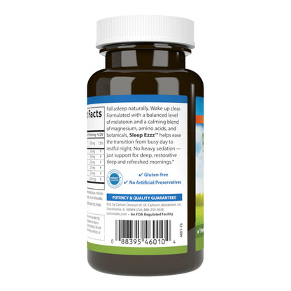 Rear view of Carlson Sleep Ezzz bottle showcasing gluten free and no artificial preservatives labels against a white background