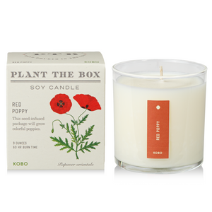 Front view of KOBO Plant the Box Red Poppy tin candle with seed-infused box and red poppy label on white background