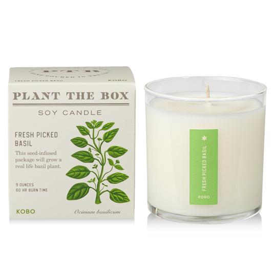 Front view of Fresh Picked Basil Plant the Box Candle showcasing its box and glass jar with a white background